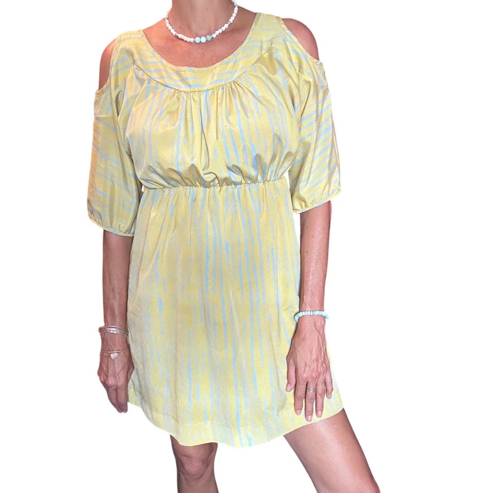 Traciel Womens Yellow Blue Striped Cold Shoulder Empire Waist Mini Dress Large - Picture 3 of 9